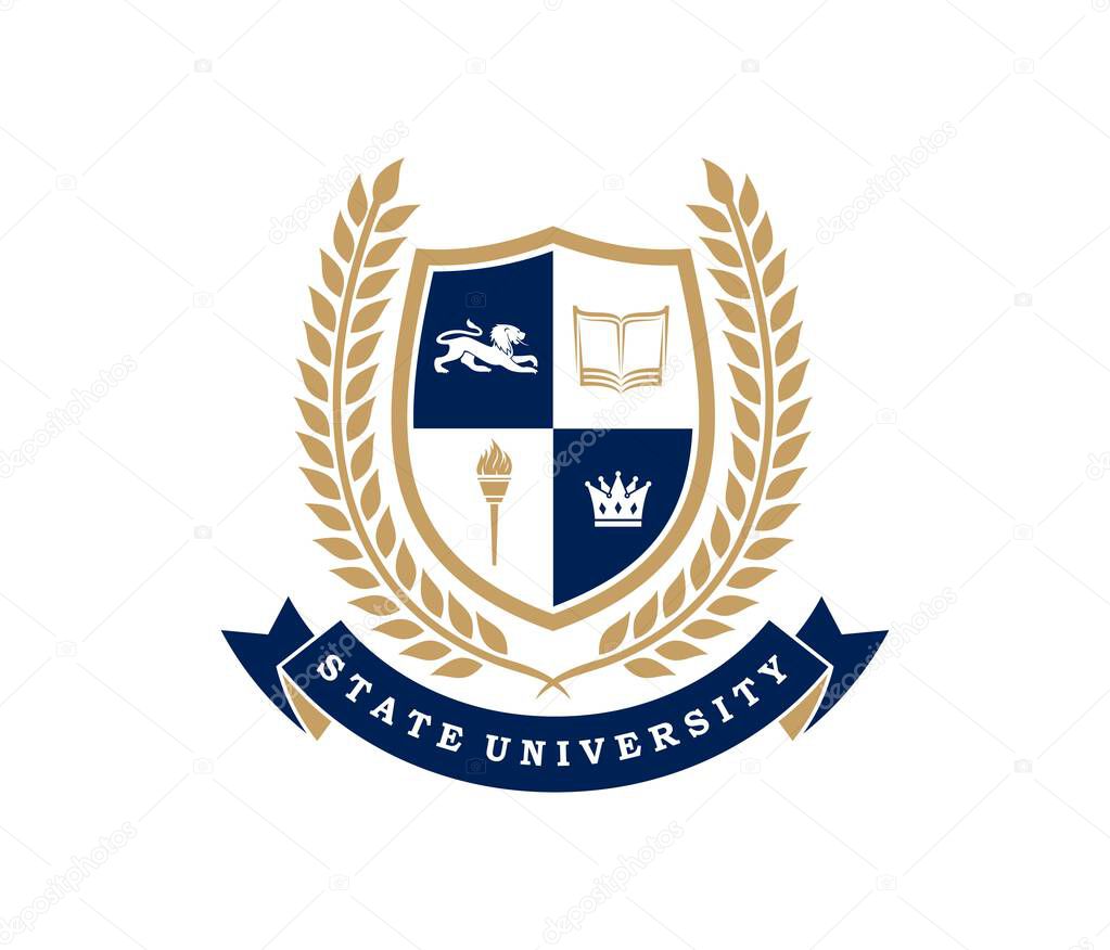 University icon featuring shield, laurel branches, lion, book, torch, and crown. Vector emblem represents learning, tradition, success and excellence for academic, educational, and institutional theme