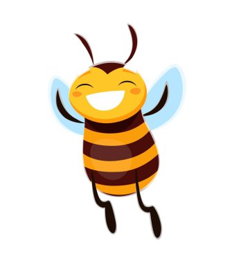 Çizgi film karakteri, sevimli bal arısı maskotu neşeli ifadeli, parlak siyah ve sarı çizgili. İzole edilmiş vektör uçan arı böcek kişiliği el sallıyor ve mutlu bir şekilde gülümsüyor.
