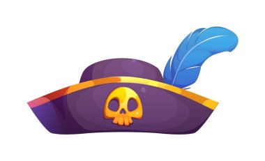 Çizgi film korsanı tricorn şapkalı, altın kafatası ve mavi tüylü. Korsan ya da parlamento öncüsü kostümü, korsan kaptan ya da ortaçağ denizci karikatür vektör trikorne şapka altın kafatası ve mavi tüy