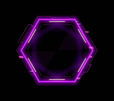 Oyun için neon çerçeve, HUD arayüz örtüşmesi ve dijital UI, vektör şablonu için varlık. Gelecekteki oyun arayüzü veya dijital ekranın HUD arayüzü veya kontrol paneli için neon çerçeve