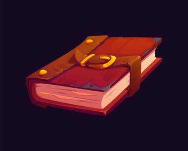 Mistik korsan günlük çizgi film ikonu. Yıpranmış deri kapaklı, altın tokalı ve kalın, eski sayfalar, gizlilik ve macera haritaları, antik deniz efsaneleri ve gizli deniz hazineleri.