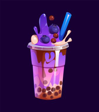 Karikatür sütlü çay bardağı ya da meyve suyu bardağı, vektör milkshake. Süt köpüklü çay ya da boba incili tatlı içeceği ve yabanmersini ve kızılcık aromalı pipet.