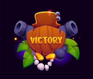 Korsan oyunu zafer ödülü ikonu ve Kaptan Tricorn ve topları olan UI varlığı, vektör rozeti. Altın sikkeler, palmiye yaprakları ve güllelerle tam teşekküllü tebrikler için korsan atari ödülü pankartı