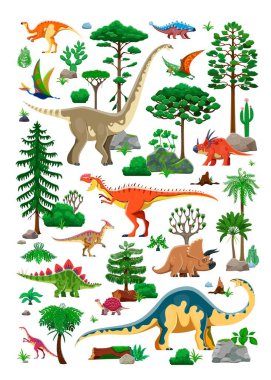 Tarih öncesi çağ bitkileri ve dinozor karakterleri peyzaj vektörü arka planı. Orman ağaçları, sulu suları, komik stegosaurus, triceratops, tapejara dinozorları olan karikatür dinazorları.