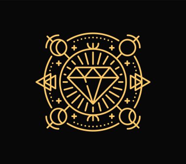 Esrarengiz Tarot çizgisi sembolü veya gizemli Boho dövmesi, vektör büyüsü işareti. Tarot kartları gizemli çizgi sembolü göksel hilal ve güneşin elmas ya da büyülü mücevher ile büyücülük büyücülüğü için