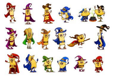 Cadı, sihirbaz ve büyücü kostümü giyen çizgi film cadılar bayramı makarna karakterleri vektör italyan yemeği. Havalı hippi fusili, lazanya, bucatini ve cadı şapkalı ve büyücü pelerinli eliche makarna.