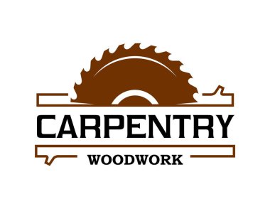 Marangozluk ve marangozluk amblemi, marangoz atölyesi için testere bıçağı ve ağaç kütüğü, vektör ikonu. Marangozluk ve marangozluk hizmeti veya marangozluk üretim ve imalat tabelası dairesel testere bıçağı