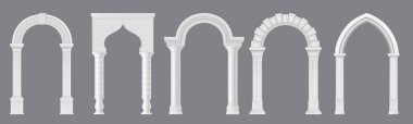Gerçekçi kemerler ve sarayın sütun kapıları ya da beyaz mermer kemer yolu, vektör seti. Kale ve saray beyaz mermer kemerler, gerçekçi ortaçağ saray kemeri veya antik Yunan, Roma ve Arap sütunları