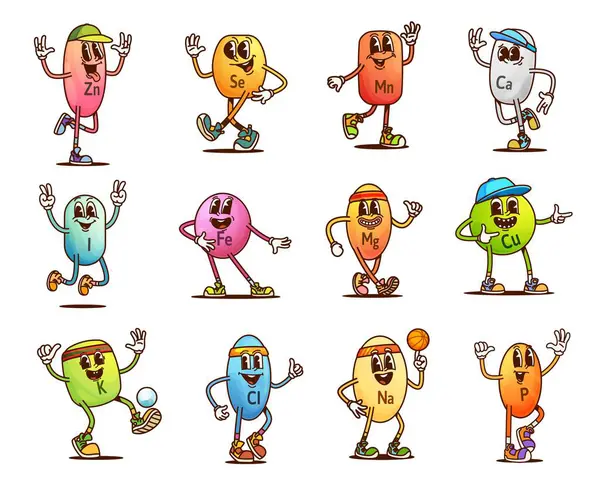 Çizgi film süper vitamin ve hippi hapları ve kapsüllerin mikro besin değeri olan karakterleri. Şirin psikedelik gıda takviye vektör kişiliği harika çinko, kalsiyum ve magnezyum vitamin hapı karakterleri