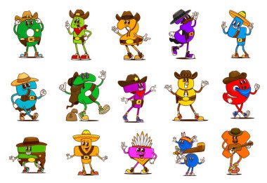 Çizgi film, kovboy ve haydut karakterleri, eski batı ve matematik eğitimi vektör kişilikleri. Vahşi Batı kovboyları, şerifler, yaşlı Amerikan haydutları ve Hintliler