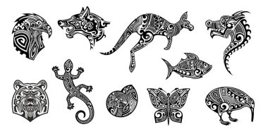 Polinezya ya da Hawaii desenli Maori kabile hayvan dövmesi seti, vektör sanat tasarımı. Soyut Maori kabile dövmesi totem kurt veya kartal ve kanguru kertenkele ve ejderha ile kelebek