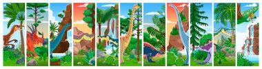 Tarih öncesi dinozor karakterleri Jurassic dönemi kertenkeleleri ve sürüngenleriyle kolaj, vektör karikatür arka planı. Çocuklar dev dinozor kolajı, tarih öncesi kuşlar ve orman ormanlarındaki kertenkeleler.