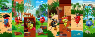 Çizgi film korsanı ve korsan karakterleri yelkenli gemi ve hazine adası vektör geçmişinde kolaj yapıyor. Mutlu korsan kaptan çilek, Bektaşi üzümü ve böğürtlen, denizci gül ağacı ve yabanmersini meyvesi