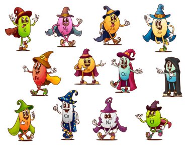 Çizgi film, cadılar bayramı büyücüsü ve mikro-besin karakterleri. Vektör demir, çinko, kalsiyum ve magnezyum, selenyum, manganez veya bakır. Fosfor, kalsiyum, sodyum ve klor.