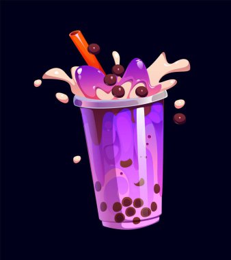 Karikatür sütlü çay bardağı. Şeffaf plastik bir fincanda tapyoka boba incileri, turuncu pipetle kaplı vektör canlı mor ve pembe içecek, ve tatlı sıvı içecek dinamik sıçramaları