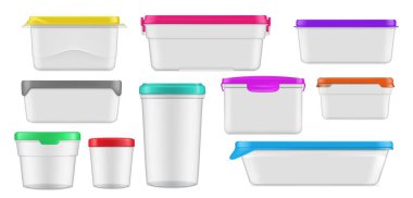 Gerçekçi plastik yemek kutuları ve beslenme çantaları. Renk kapaklı, çeşitli boyutlarda ve güvenli mühürleme seçenekleri içeren 3d vektör seti. Ev mutfağı için işlevsel çözümler