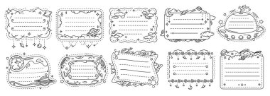 Çocuklar çerçeveleri yıldız galaksisi, uzay gezegenleri ve UFO ile not ederler. Çocuklar için sevimli uyduları, yıldızları ve bulutları olan komik yazı şablonları dizisi. Yazdırılabilir notlar veya okul takvimi çizelgeleri.