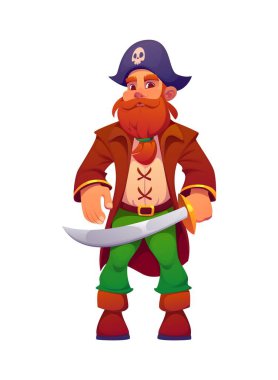 Çizgi film korsanı ve kafatası olan korsan şapkalı kaptan karakter. İzole edilmiş vektör, sakallı ve bıyıklı bir gezgin. Elinde kılıçla açık deniz maceralarına hazır bekliyor.