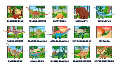 Çizgi film tarih öncesi dinozorlar ve kertenkele sürüngenler, çocuklar için dinozor atlası, vektör seti. Tarih öncesi dinozorlar ve Jurasik kertenkeleler ya da paleontoloji hayvanları dinozor koleksiyonu için tür isimleri taşıyorlar.