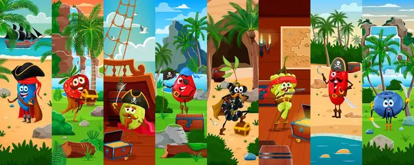 Çizgi film korsanı ve korsan karakterleri yelkenli gemi ve hazine adası vektör geçmişinde kolaj yapıyor. Mutlu korsan kaptan çilek, Bektaşi üzümü ve böğürtlen, denizci gül ağacı ve yabanmersini meyvesi