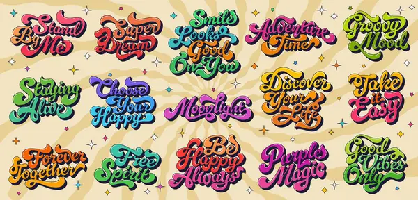 Havalı hippi senaryosu alıntısı. Renkli ve gölgeli harflerle yazılmış vektör retro tipografi seti. Eğlenceli hippi y2k alıntıları ve yıldızlı ve kıvrımlı psikedelik arkaplan üzerine komik sloganlar