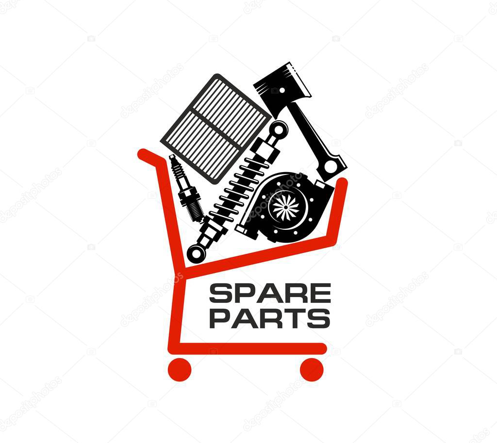 Car spare parts store icon automobile station or auto mechanic shop, vector sign. Car spare parts symbol of engine piston, spark plug and gears in shopping cart for automotive workshop or auto service