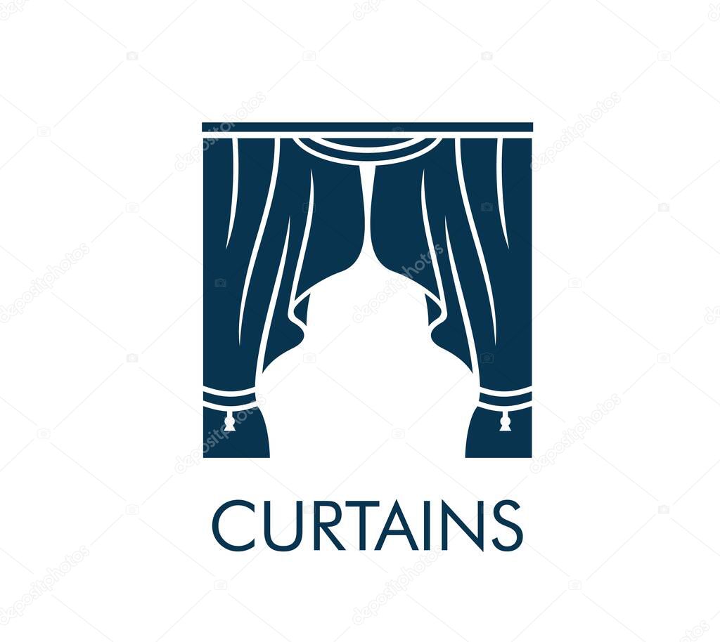 Curtain icon for opera theater or concert hall and musical show, vector sign. Curtain with drapes symbol for interior design and home textile decor salon, theater show, opera or cinema premiere
