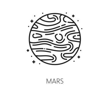 Uzay Mars gezegeni ve galaksi ince çizgi ikonu. Kozmos uçuş lineart vektör piktogramı, uzay keşfi doğrusal simgesi. Astronomi ince çizgi sembolü, galaksi araştırması veya Güneş Sistemi gezegen ana hatları işareti