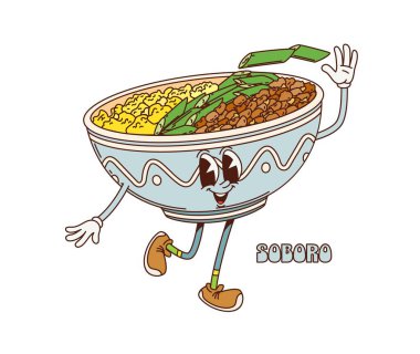Çizgi film modası geçmiş Soboro Don Donburi karakteri. Çırpılmış yumurtalı Japon mutfağı pirinç yemeği şirin vektör kişiliği. Soboro Don hippi süper karakter ya da soyutlanmış dans eden sevimli maskot