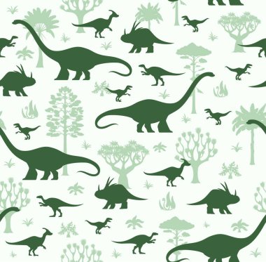 Dinozorlar, tarih öncesi dinozor türlerinin açık yeşil siluetleriyle beyaz arka planda antik ağaçların ve bitkilerin arasında dolaşırlar. Tropikal arazide dinozor taşıyan çocukça fayanslar.