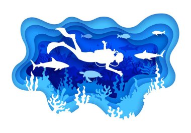 Kağıttaki dalgıç silueti sualtı manzarasını kesiyor. 3D vektör kartonpiyer tabanlı, deniz ve okyanus tabanlı, dalgıç insan figürü silueti balıklar, hayvanlar ve mercan resifleri arasında yüzüyor.