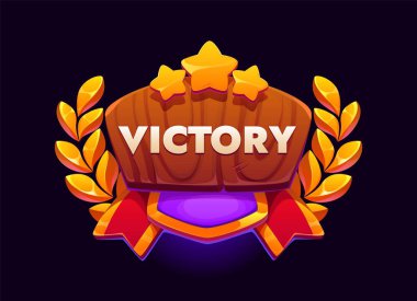Zafer ödülü ikonu, evet rozet varlığı. Çizgi film ahşap kalkanı, üç altın yıldız, altın defne dalları, kırmızı ve mor kurdeleler. Vektör şenlik kutlaması oyun simgesi, kupa veya bonus gui bayrağı