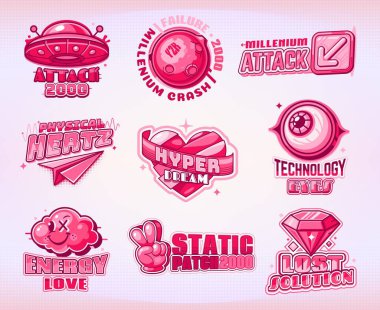 Y2k simge vektör etiketi paketinde siber fütüristik elementler, canlı pembe renkler ve retro estetik var. Nostaljik tipografi yamaları. Saldırı 2000, Fiziksel Hertz, Hiper Rüya, Teknoloji Gözler