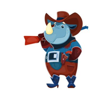 Çizgi film gergedan kovboyu, Vahşi Batı hayvan hırsızı ya da tüfekli şerif, vektör karakter. Batılı kovboy şapkalı komik gergedanlar. Tabanca ve Teksas Ranger soyguncuları için bandolör.