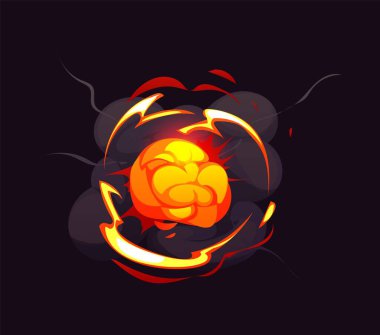 Bomba patlaması çizgi film efekti, patlama bulutları, yangın dumanı, vektör nükleer patlama. Enerji patlaması ya da patlayıcı TNT dinamiti patlaması duman bulutu etkisi yaratır.