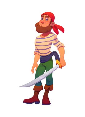 Sakallı ve kılıçlı korsan çizgi film karakteri. Korsanlık titreşimli vektör denizci, kırmızı bandana, çizgili gömlek, kendine güvenen poz ve pala, deniz macerasına hazır, korsan masalı ya da fantezi arayışı