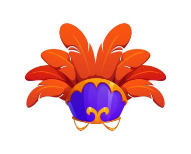 Brezilya karnaval partisi tacı. Şenlik ve kültürel kutlamayı sembolize eden, özenle hazırlanmış, parlak turuncu ve mor tüylerle süslenmiş, izole edilmiş çizgi film başlığı vektörü.