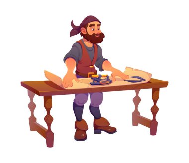 Korsan gemi mürettebatı çizgi film seyir subayı Corsair karakter eski harita ve sekstant ile masada duruyor. Sakallı denizci rotası, deniz macerası için rota çiziyor. Denizcilik araçları ile vektör aracı