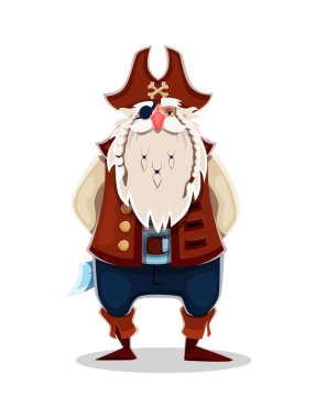 Çizgi film korsanı ve korsan karakteri. Tricorn şapkalı, yelekli, beyaz sakallı, göz bantlı, kılıçlı, kemerli ve botlu izole bir denizci. Komik deniz gezgini maceracı erkek sakallı şahsiyet