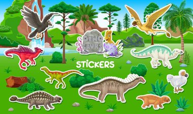 Tarih öncesi dinozorların çıkartmaları. Arjantinliler, pegomastax, hipsilopodon ve saichania, dicraeosaurus, anatotitan dinozorlar tarih öncesi orman manzarası etiketlerindeki sevimli karakterler.