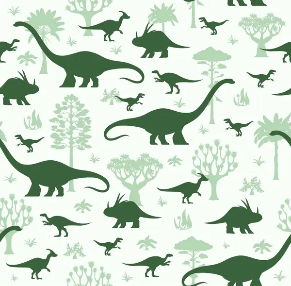 Dinozorlar, tarih öncesi dinozor türlerinin açık yeşil siluetleriyle beyaz arka planda antik ağaçların ve bitkilerin arasında dolaşırlar. Tropikal arazide dinozor taşıyan çocukça fayanslar.