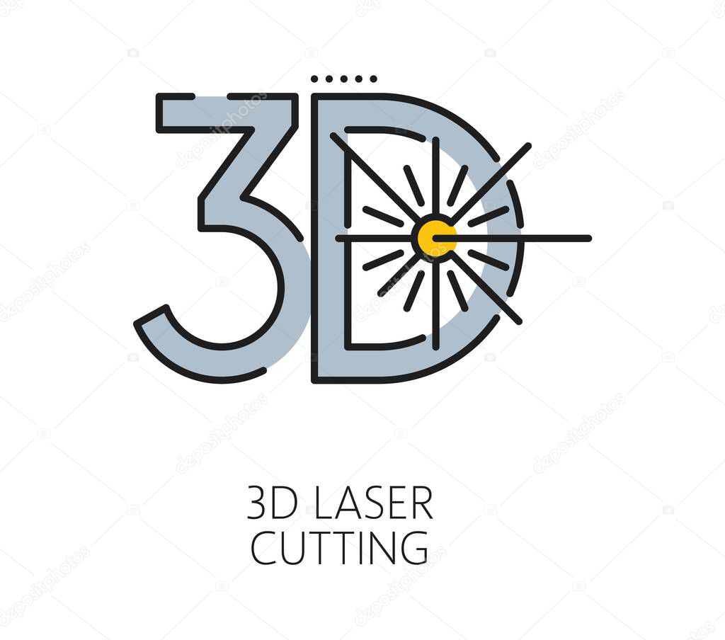 Laser cutting line icon of 3D laser cutting machine or metal steel cutter, vector symbol. 3D Laser cutting icon with plasma beam for engraving, etching or metalwork processing equipment pictogram