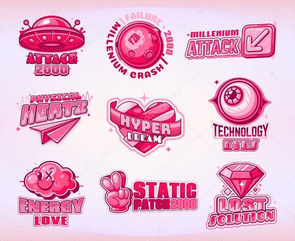 Y2k icons vector sticker pack featuring cyber futuristic elements, vibrant pink colors and retro aesthetics. Nostalgic typography patches. Attack 2000, Physical Hertz, Hyper Dream, Technology Eyes