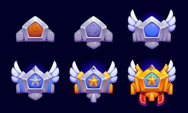 Yıldız oyunu derecelendirme rozetleri, seviye aşamaları ayarlandı, vektör oyunu UI. Çizgi filmlerde altın ve gümüş yıldızlı rozetler, ahşap, kaya, metal ve mücevher kalkanlar, kanatlar ve kurdeleler. Seviye ilerleme madalyaları