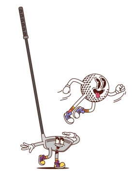 Golf kulübü ve top çok komik bir karakter. Spor turnuvası hippi modası izole vektör maskotu, golf kulübü yarışması tatlı çizgi film karakteri. Spor şampiyonası neşeli karakter.