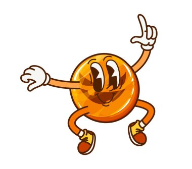 Çizgi film süper Cadılar Bayramı şekerleme karakteri hippi spor ayakkabılarıyla mutlu bir şekilde zıplıyor. Çocuklar için komik şekerlemeler şaka mı şeker mi, bayram pastası retro kişiliği, karamel şekerlemesi