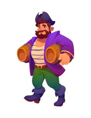 Rom fıçıları olan korsan çizgi film karakteri. Corsair, kaptan, denizci, kayıkçı ve kaptan ya da senato engelleyicisi neşeli bir ifade sergiliyor. Alkol dolu tahta fıçılar taşıyan vektör korsan.