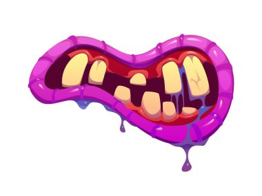 Cadılar Bayramı canavarı çenesinden tükürük damlıyor. Cadılar Bayramı canavarı izole edilmiş karikatür dişleri, korkunç canavar tükürük damlayan ağzı ya da mor dudaklı çirkin kükreyen yaratık.