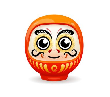 Daruma ya da Japon Bodhidharma bebeği Japonya kültürünün sembolü, vektör tılsımı. Kırmızı Daruma bebek maskesi şans, sağlık, maneviyat ve Japon sanatında şeytani korumayı simgeliyor.