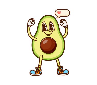 Güçlü avokado meyvesi yarı havalı, mutlu bir karakter. Organik çiftlik doğal avokado mutlu çizgi film karakteri ya da garip kişilik. Olgun tropikal meyve, neşeli maskotu ve mesaj bulutu içinde kalbi var.